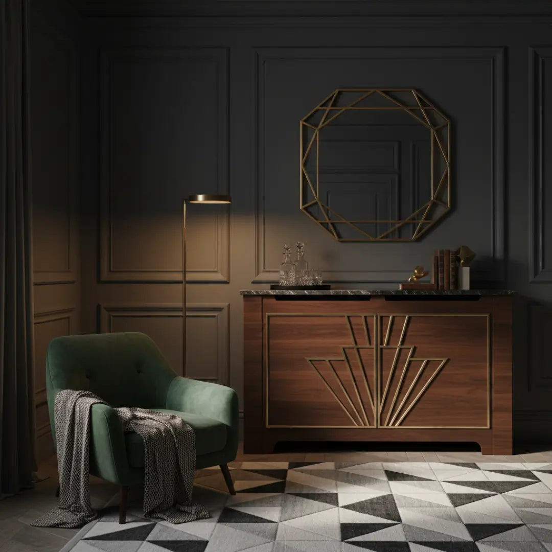 Brushed Brass Inlay: Walnut wood with thin brass strips for a Gatsby look.