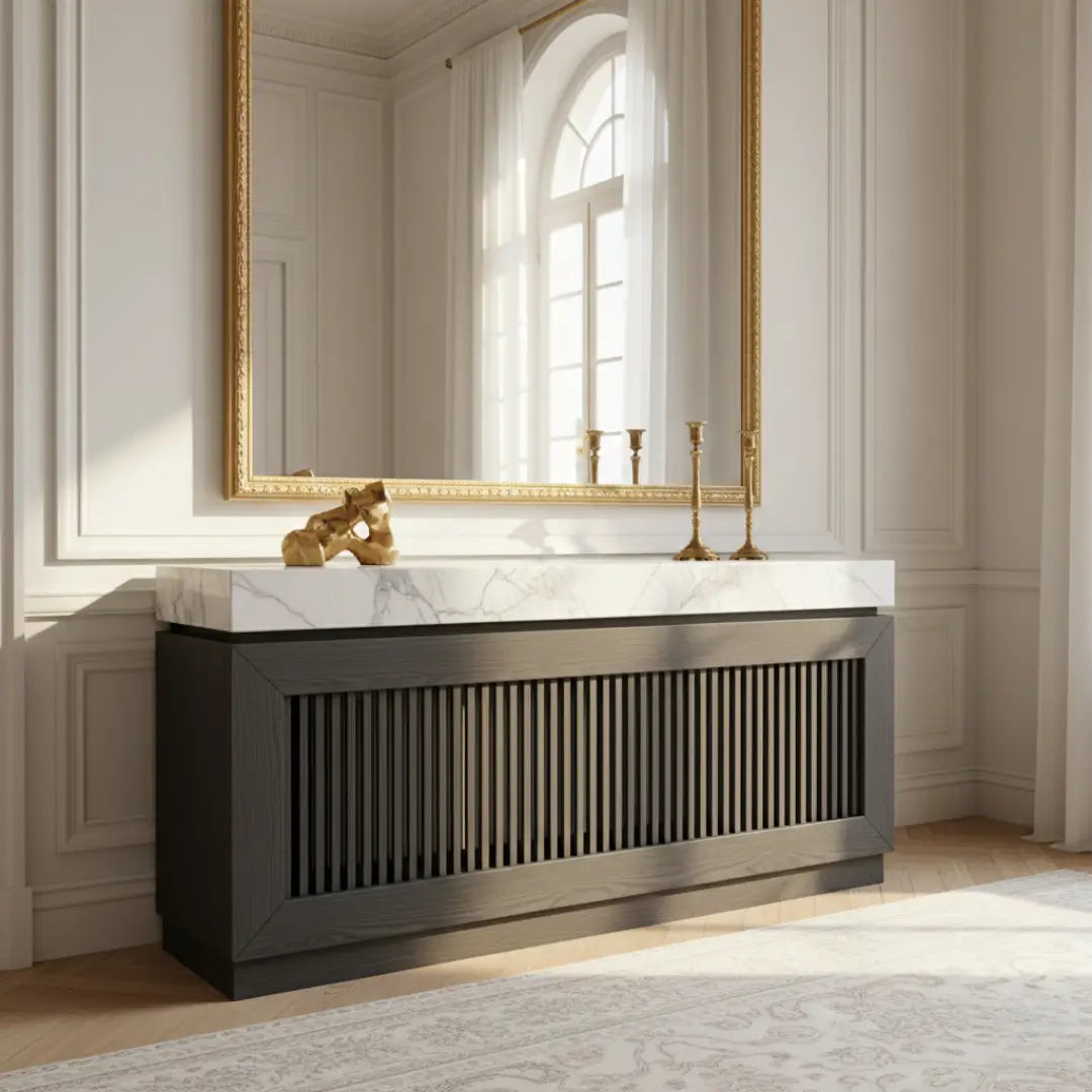 Carrara Marble Top: A wooden base topped with a genuine 20mm marble slab.