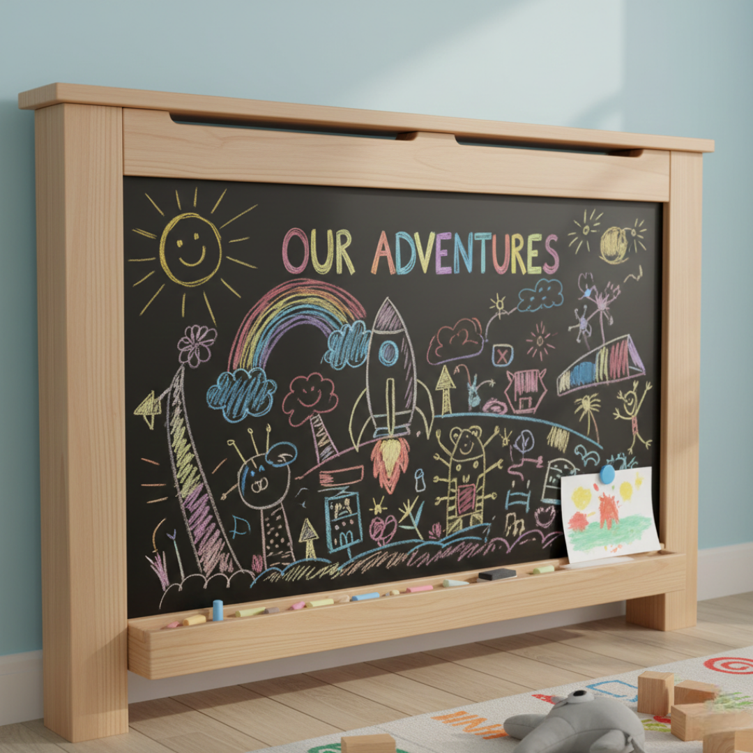 Chalkboard Front: The front panel is coated in blackboard paint for doodling.