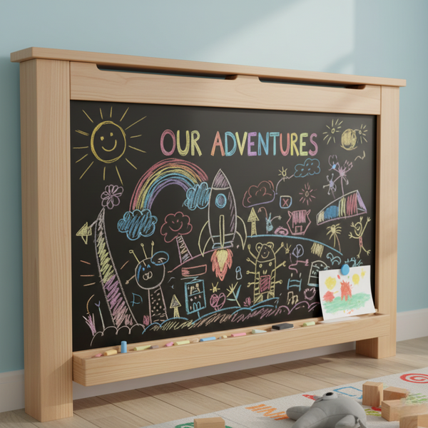 Chalkboard Front: The front panel is coated in blackboard paint for doodling.