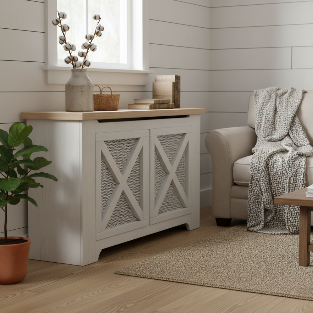 Farmhouse Cross: X-brace barn door styling on the front panels.