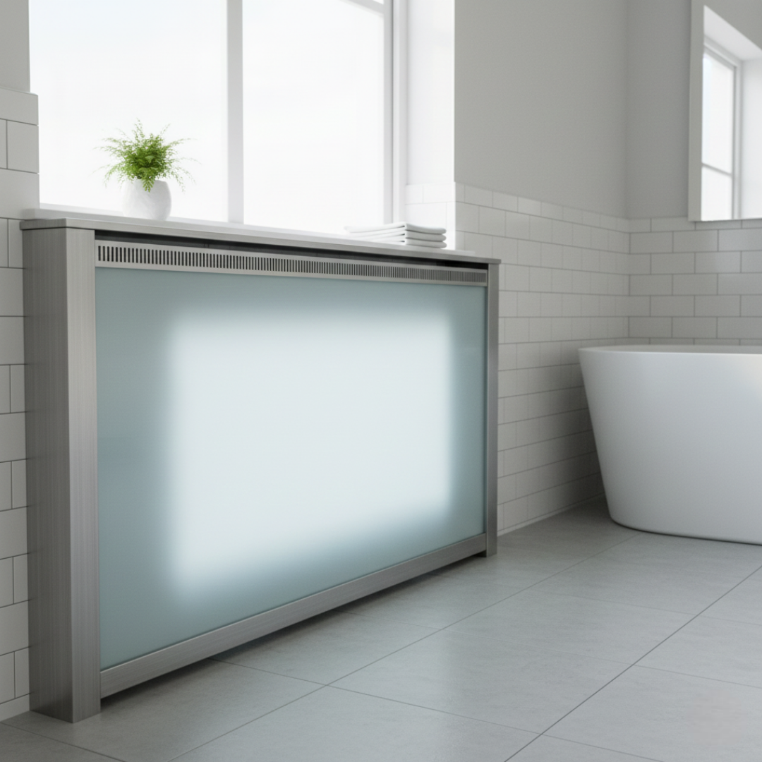 Frosted Glass Front: Tempered frosted glass panels with a brushed aluminum frame.