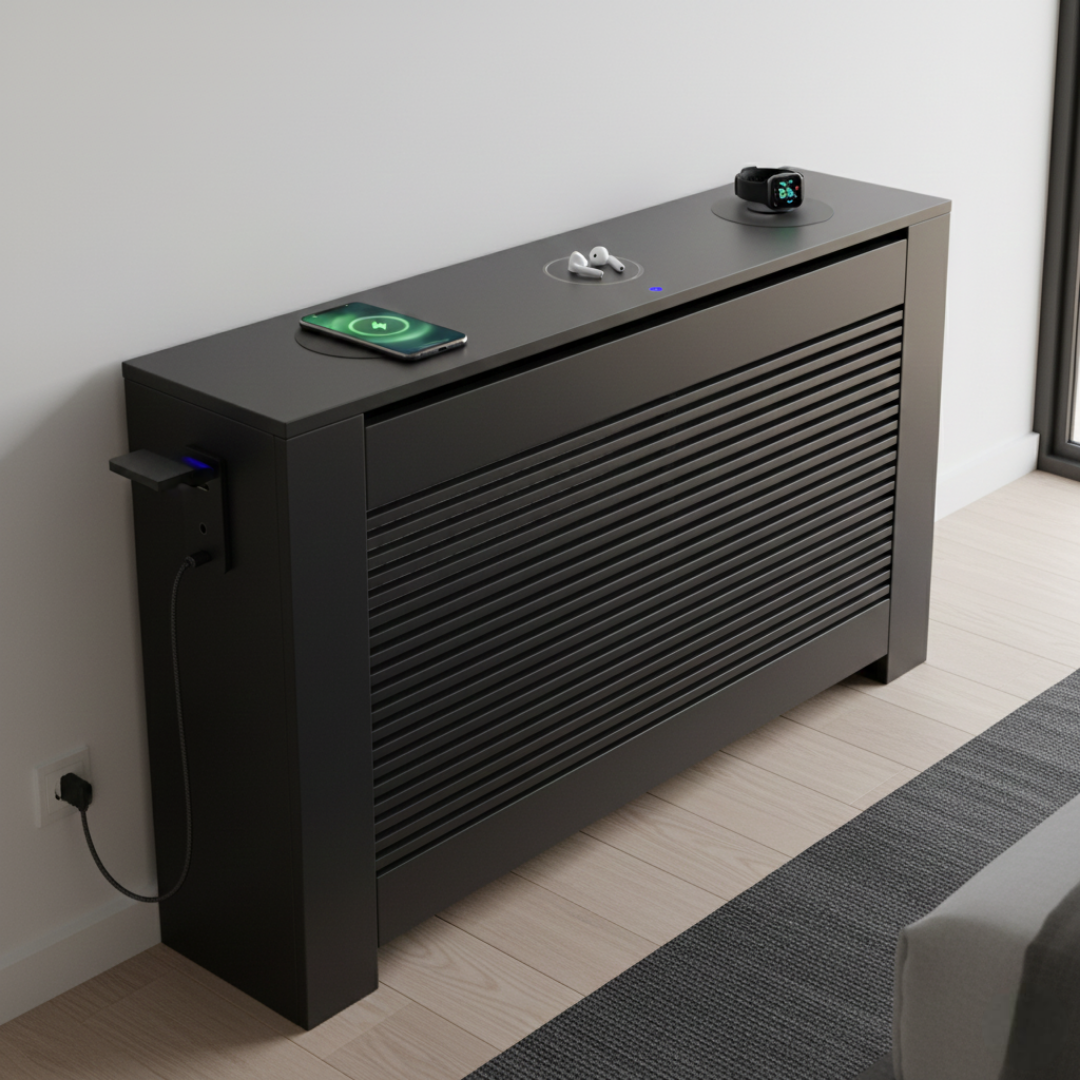 The Charging Station: Integrated USB and wireless charging pads on the top shelf.