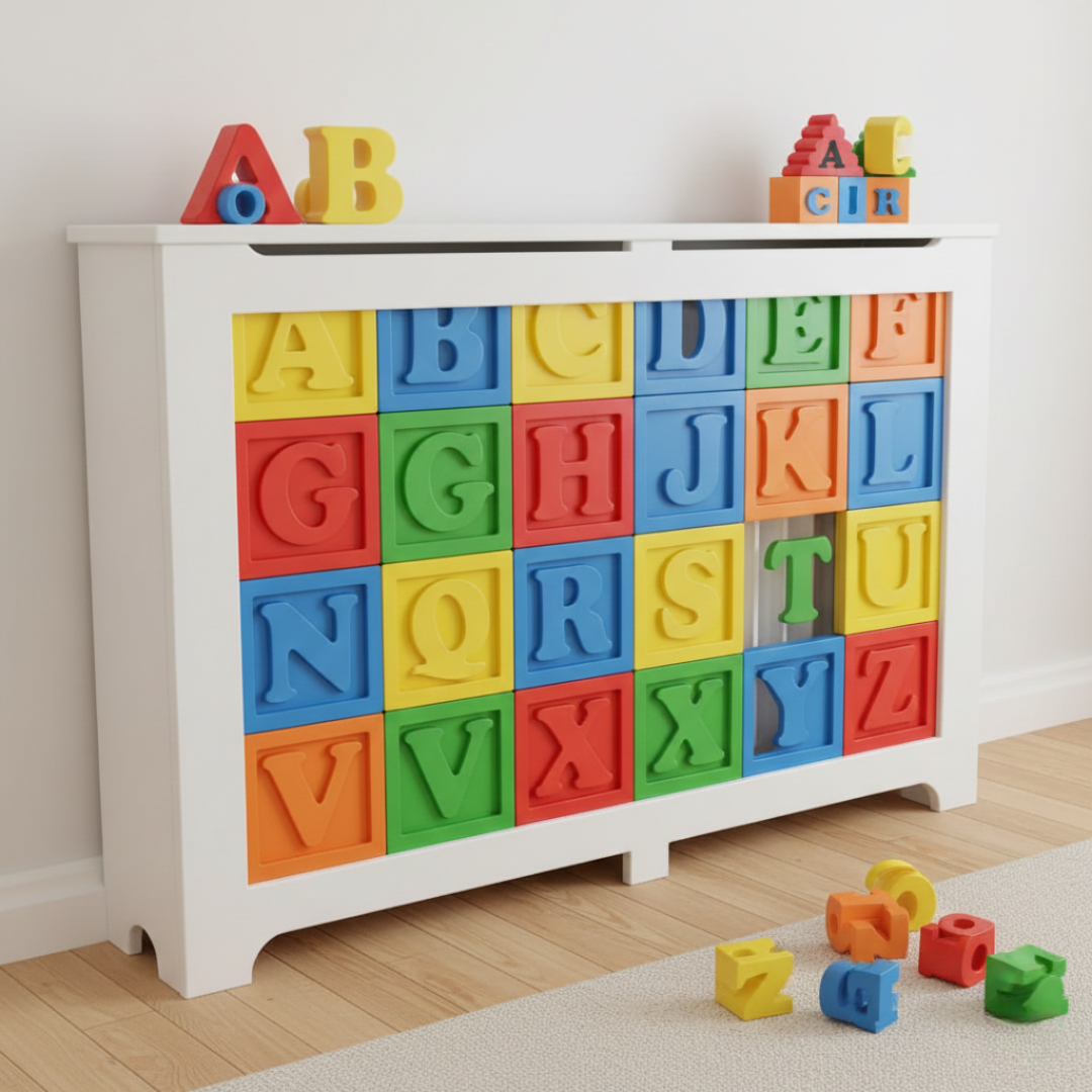 Alphabet Blocks: Large, colorful letter engravings on the front.