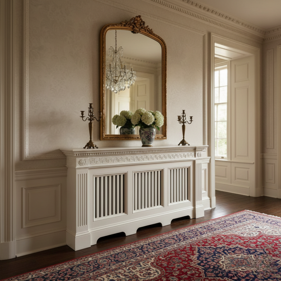 Georgian Dentil: Includes ornate crown molding along the top shelf.