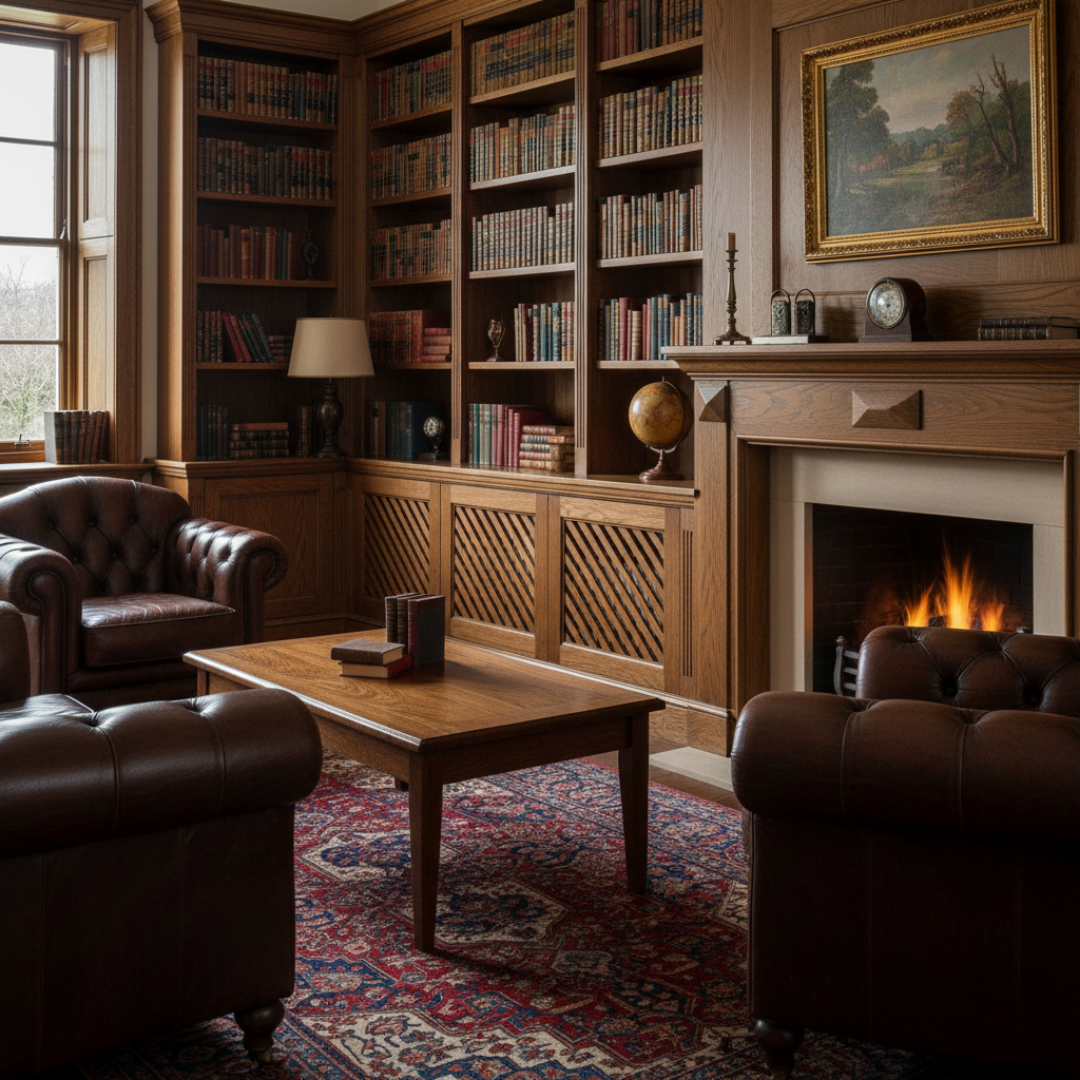 Heritage Oak: Solid dark oak wood with a traditional cross-hatch grille.