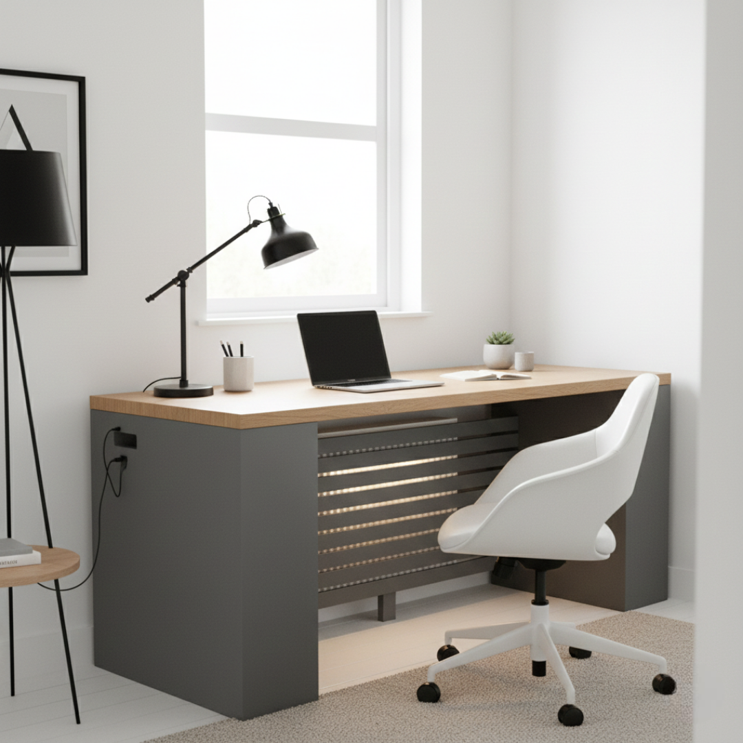 Home Office Desk: A wide, deep top surface designed to act as a side-desk.
