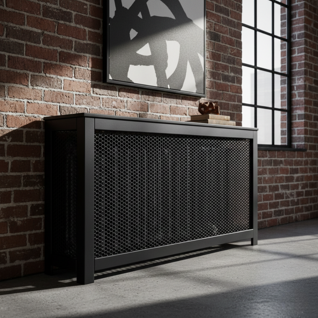 Industrial Mesh: Matte black frame with fine expanded metal mesh.