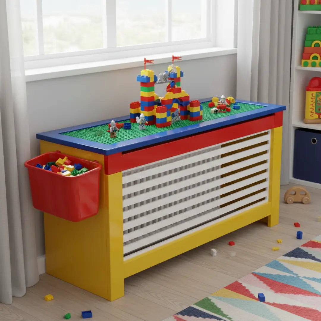 Lego-Compatible: Studded surfaces or primary color-blocked panels.