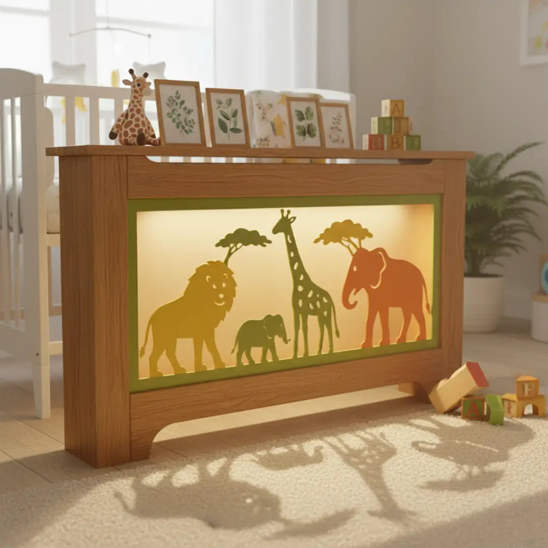 Safari Cutouts: Shapes of lions, giraffes, and elephants for a nursery.