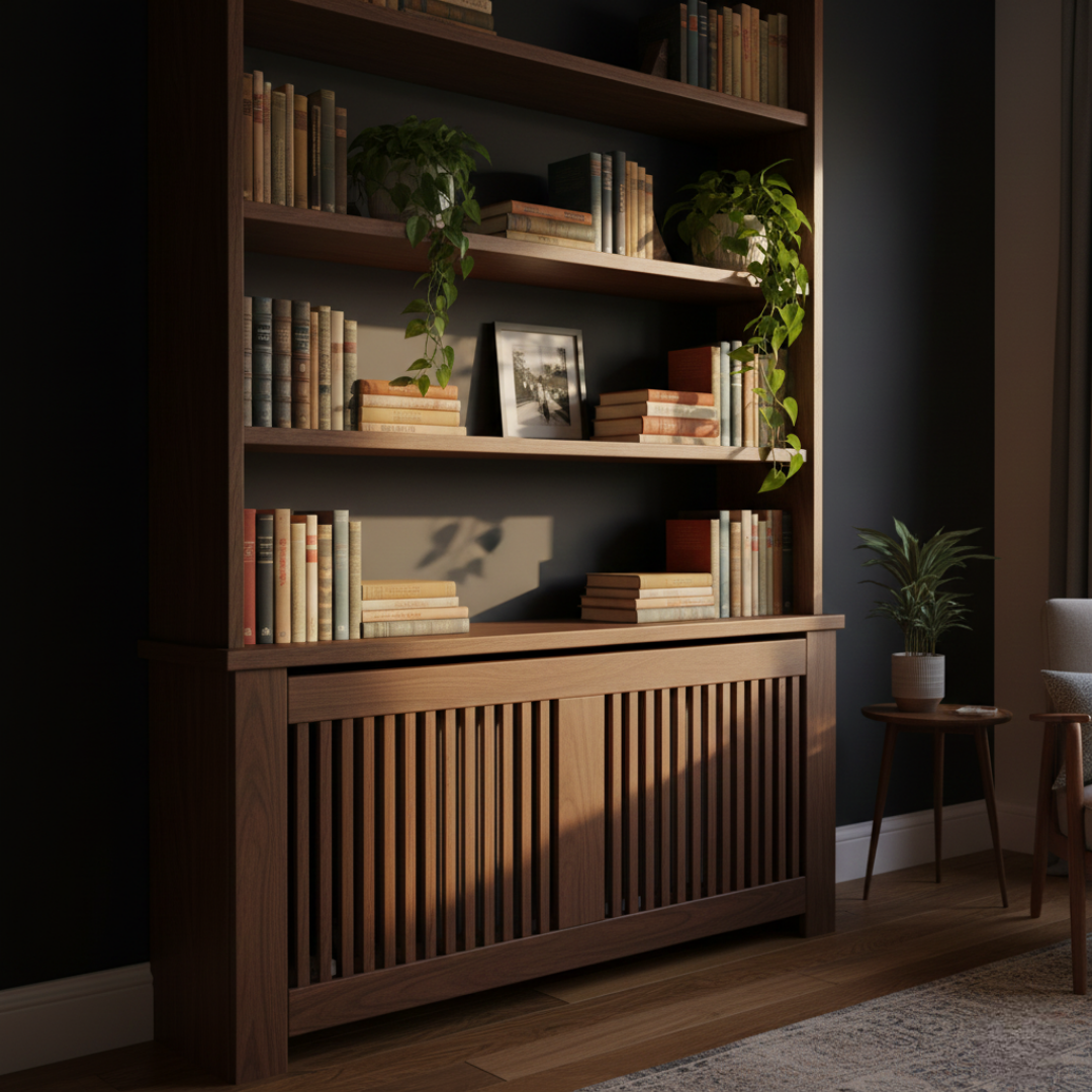 The Bookshelf Hybrid: Extended height with 2–3 open shelves above the radiator.