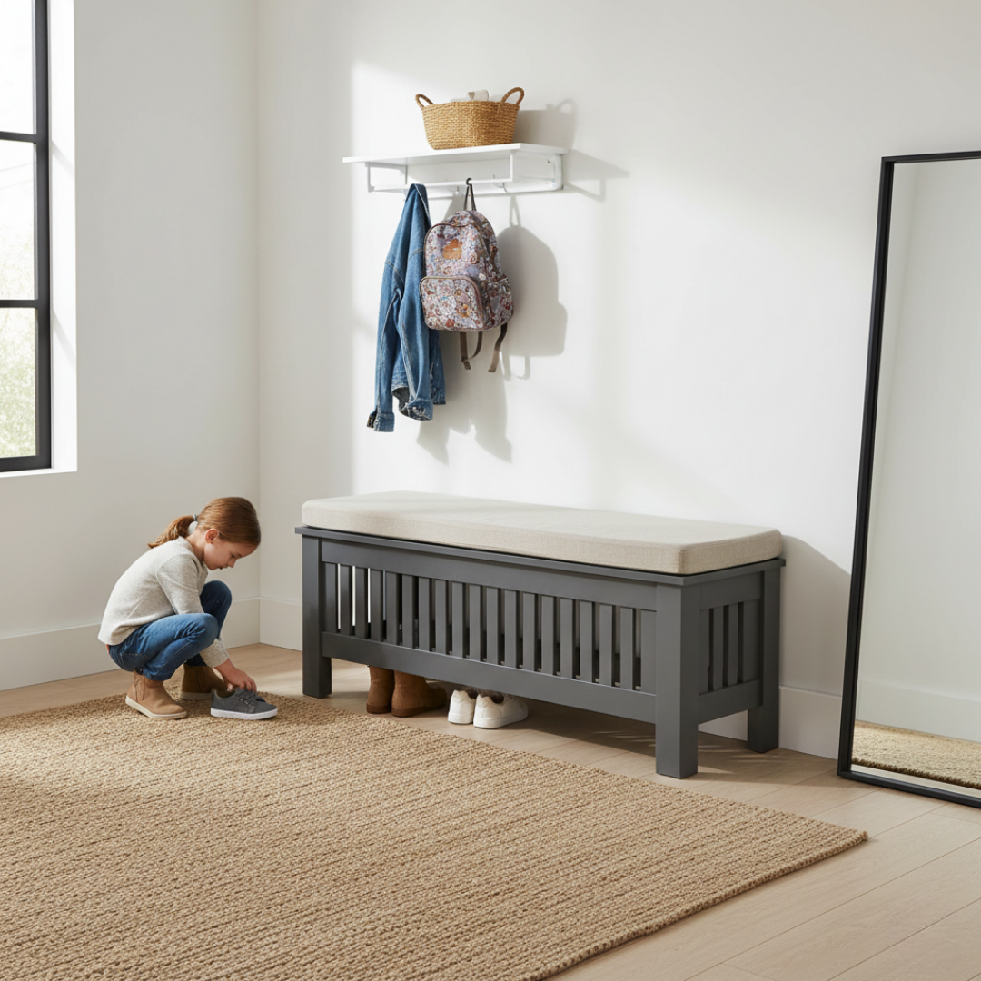 The Entryway Bench: Reinforced top with a cushion for hallway seating.