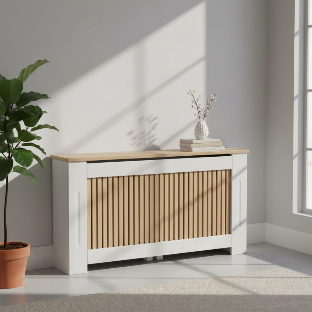 The Nordic Slats: Vertical light oak slats with a matte white frame.