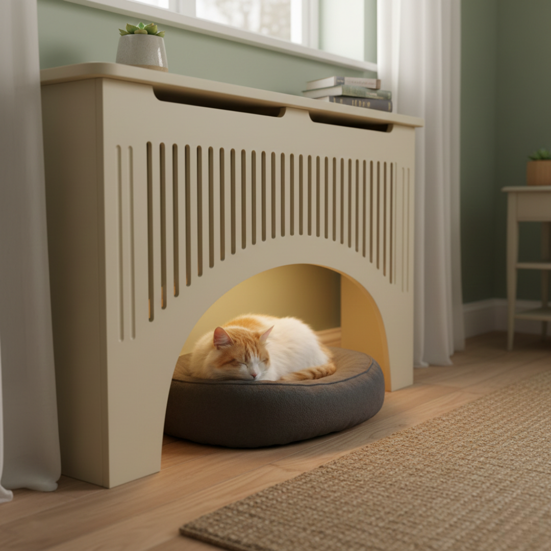 The Pet Snug: Includes a heat-safe, recessed "cubby" at the base for a cat bed.