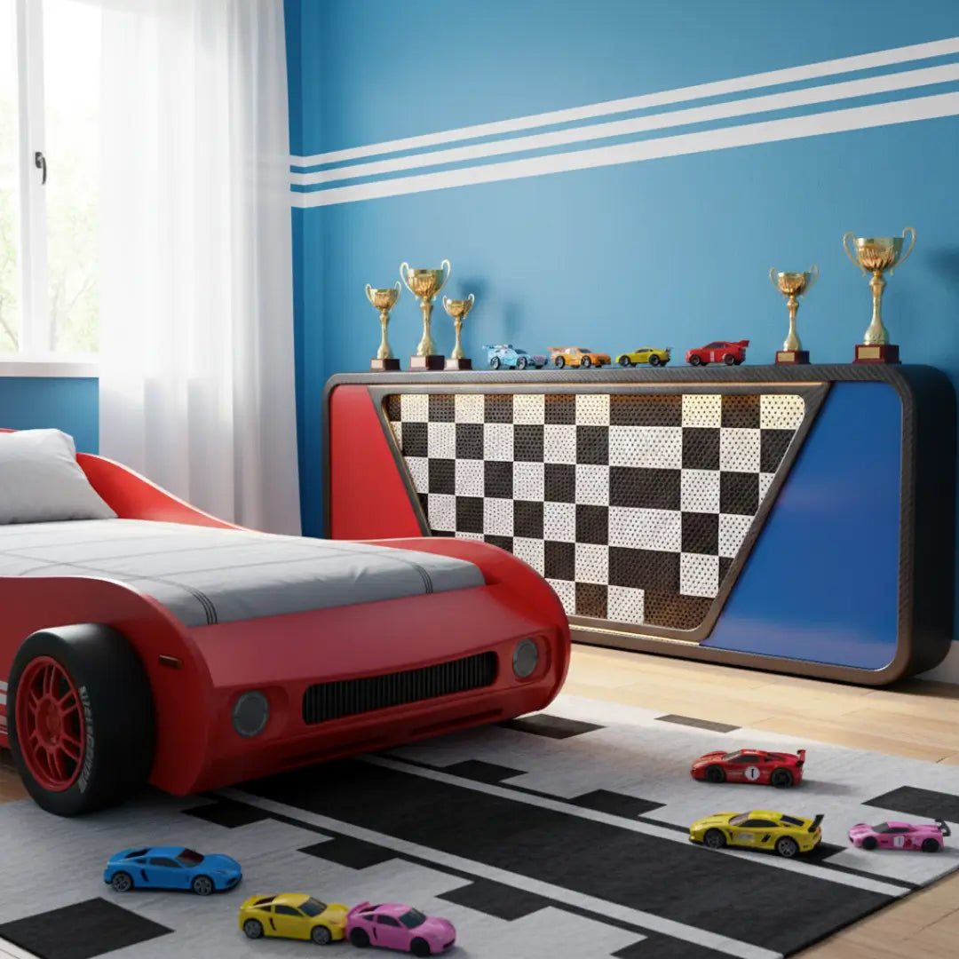 The Racing Grid: A checkered flag pattern mesh for a car-themed room.