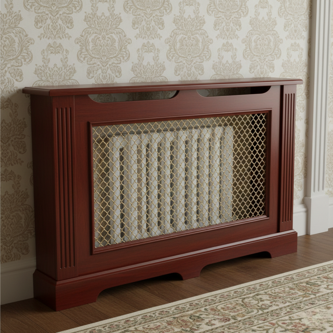 The Regency: Gold-toned wire mesh front with a mahogany stained frame.