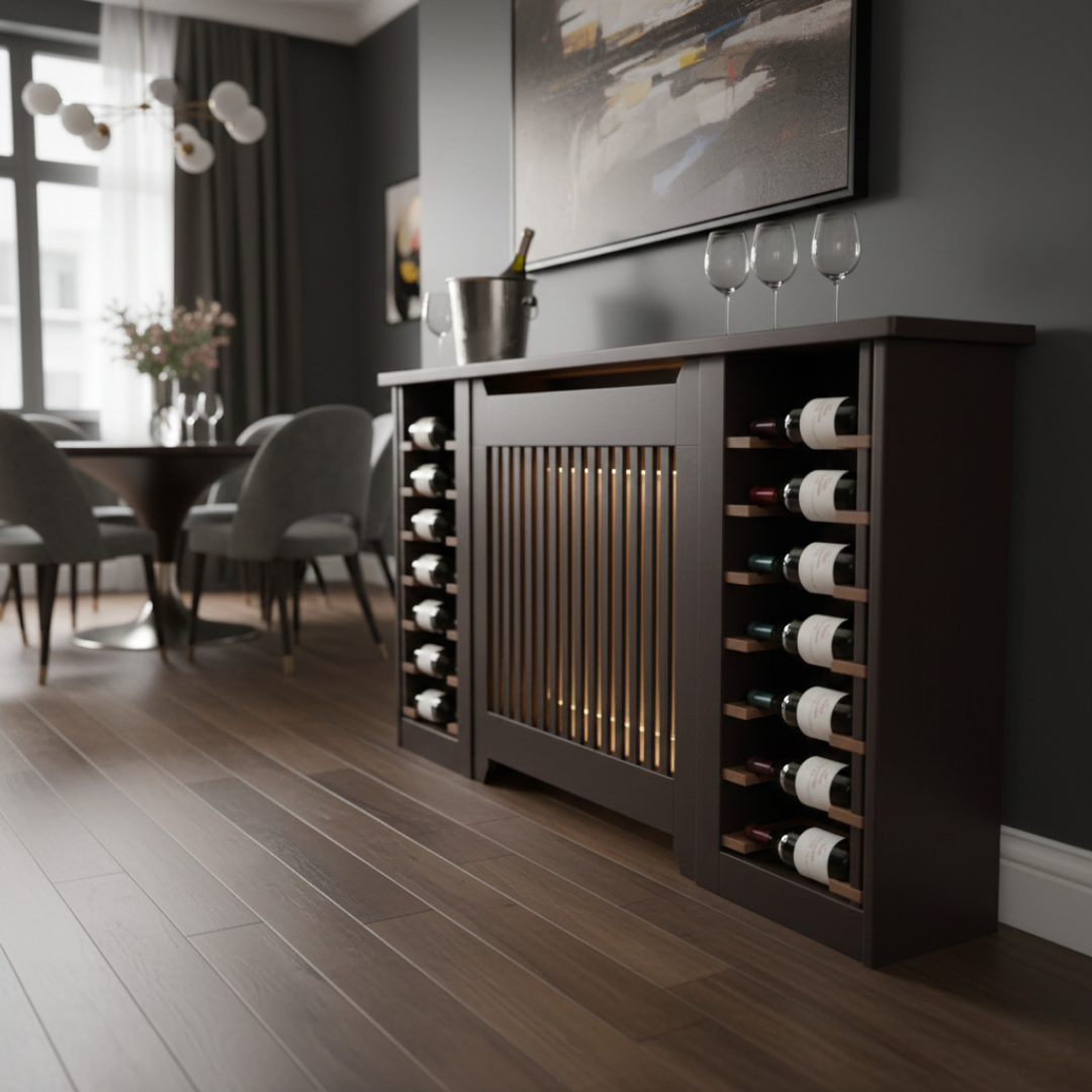 Wine Rack Wrap: Side-integrated vertical wine bottle storage.